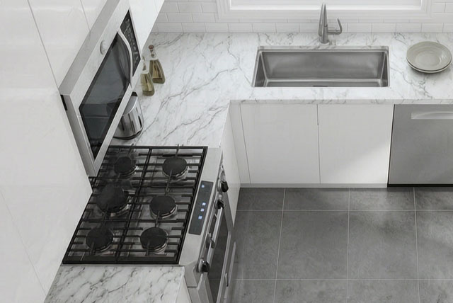 Cocinas en blanco y gris pequeñas con porcelanato
